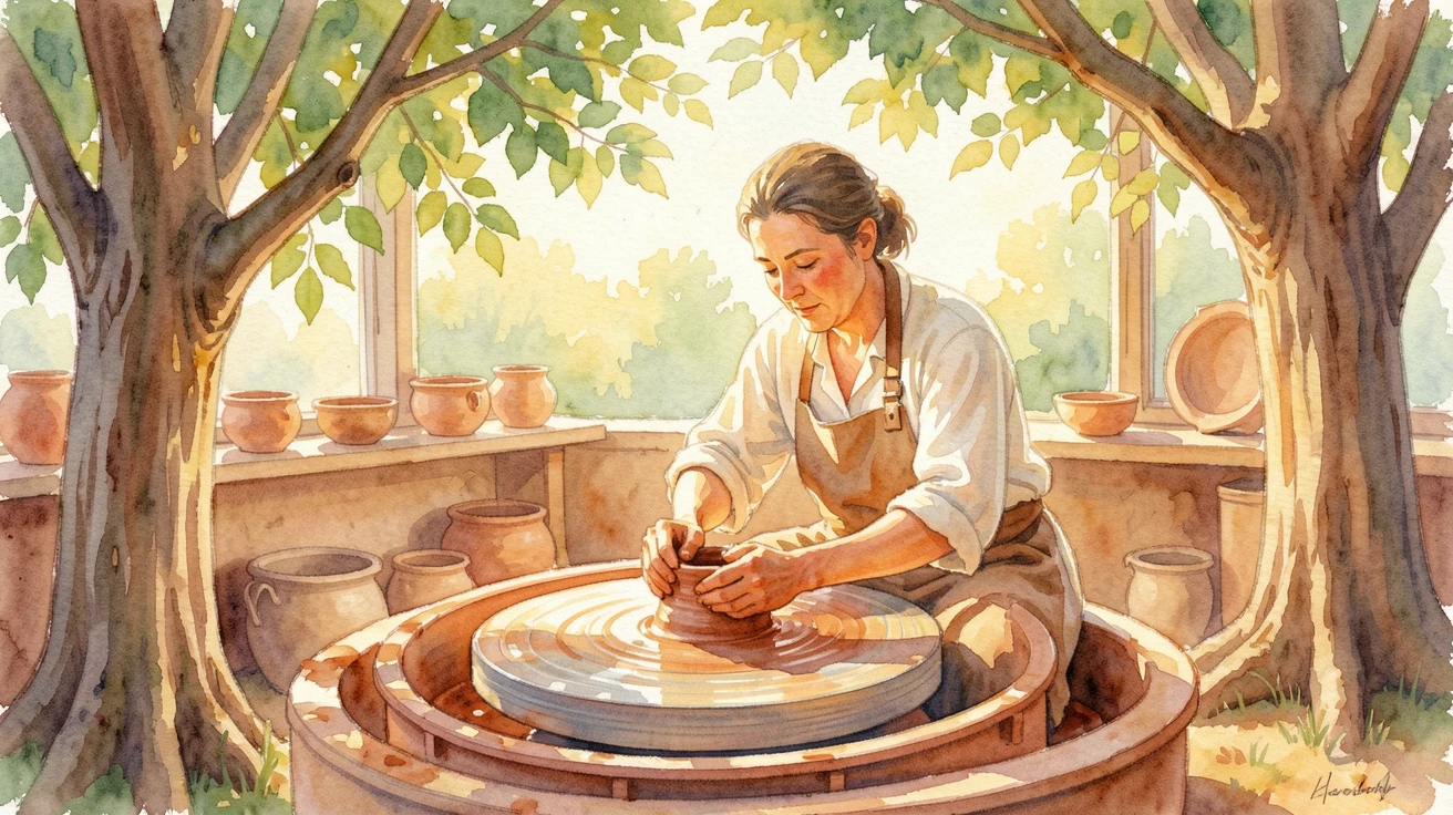 A potter shaping clay at a wheel as the golden afternoon light filters through nearby trees.