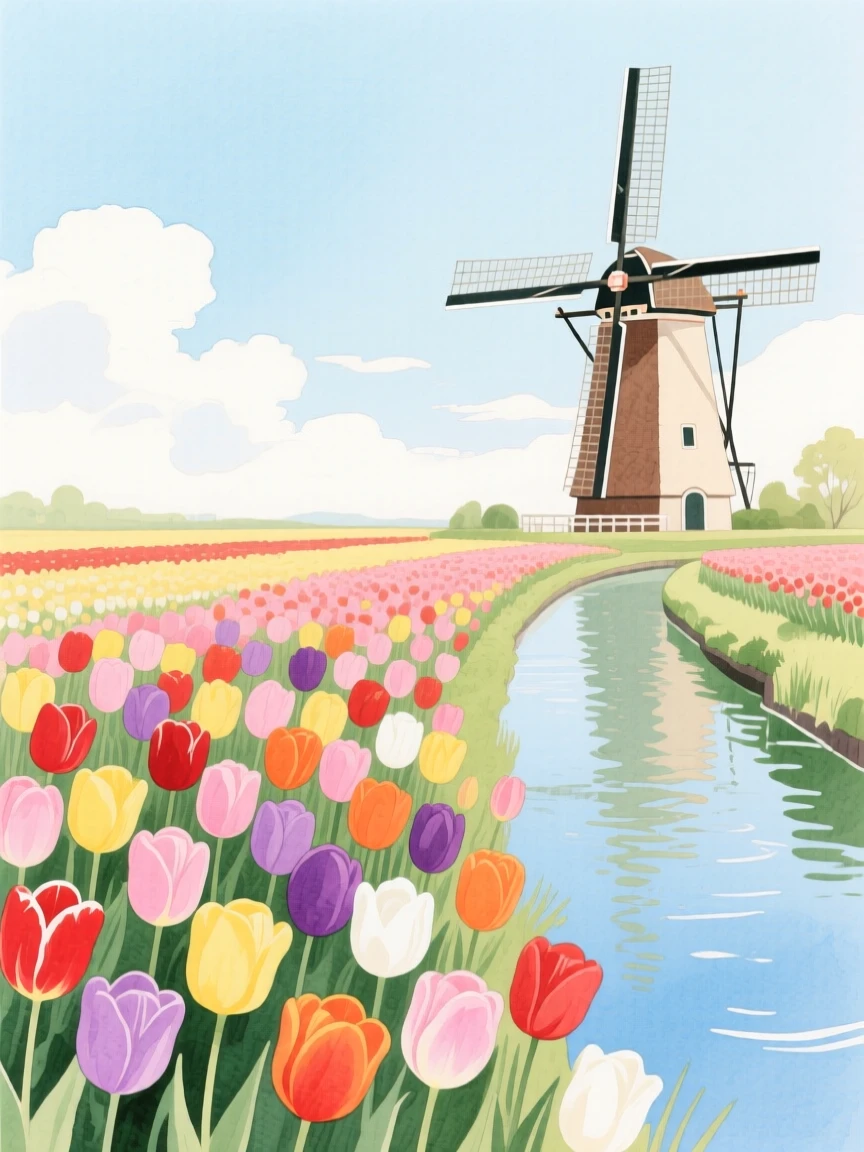 A field of tulips in every color stretches beside a windmill and a canal under a bright spring sky