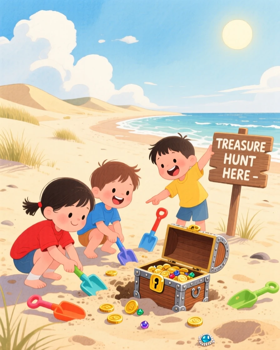 Children digging for buried treasure on a sandy beach, full of mystery and excitement.