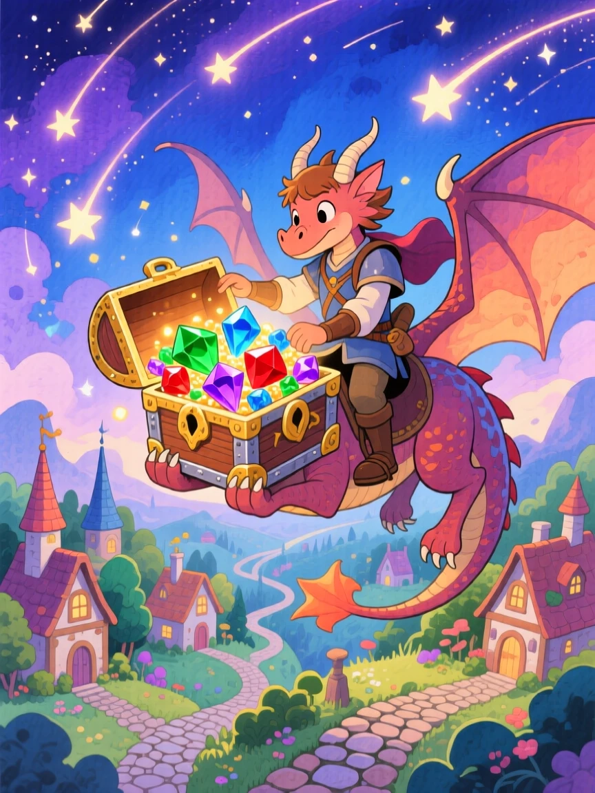 A dragon rider opening a treasure chest overflowing with glowing gems, in a sky full of shooting stars over a fantasy village, brimming with enchantment and discovery.