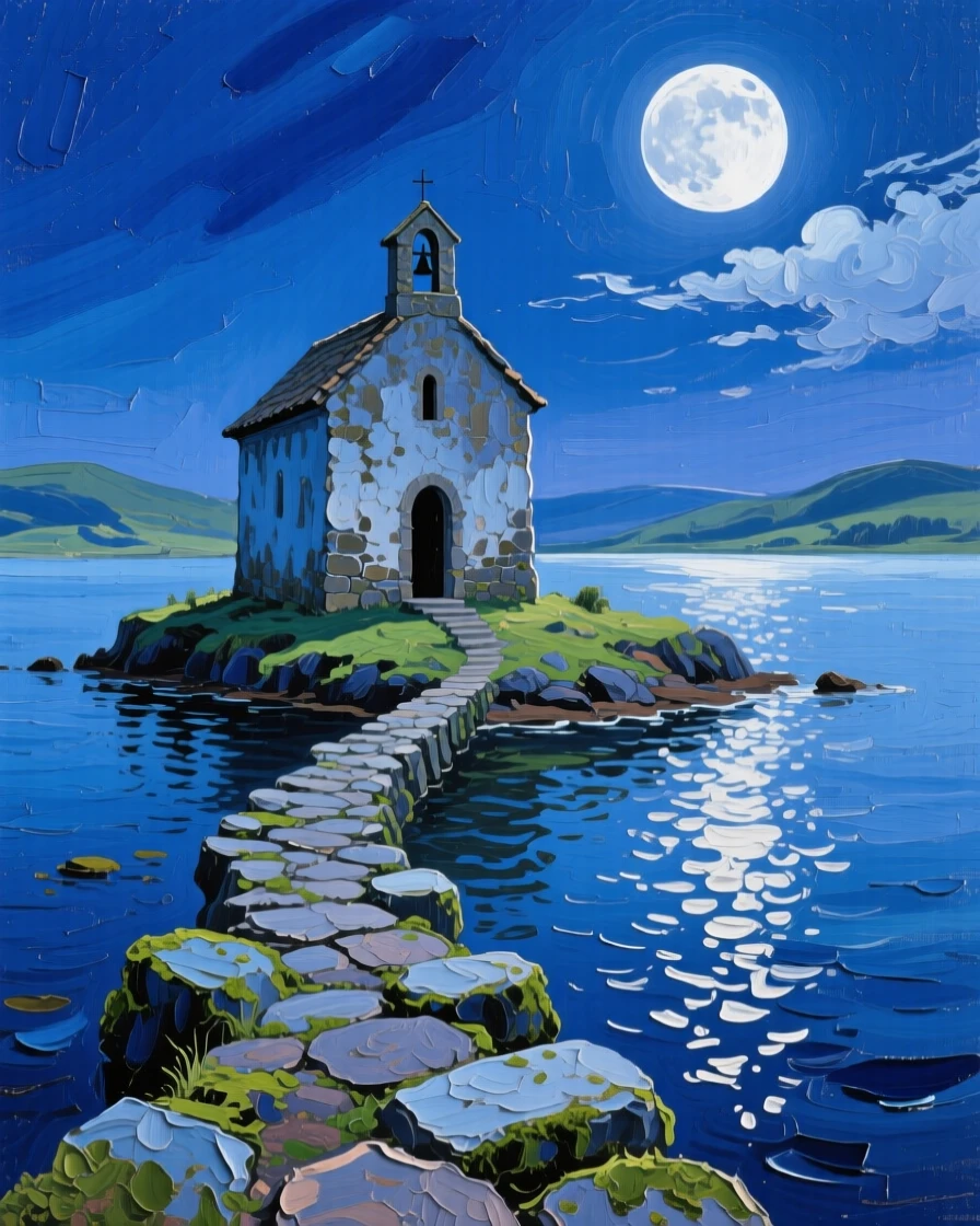 a small island chapel reached by a stone causeway, under a full moon, with a balanced, spacious view of the surroundings.