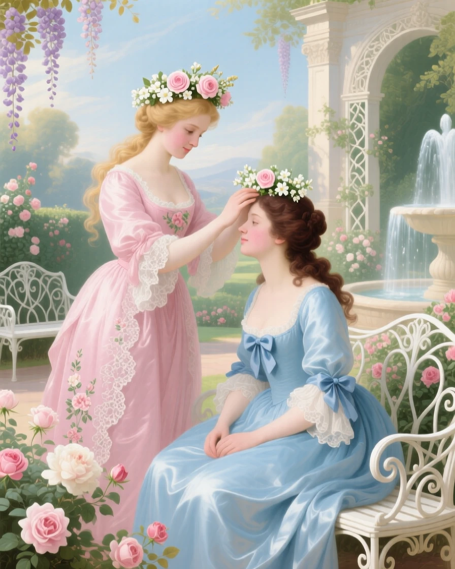 A lady carefully placing a crown of flowers on her friend’s head  