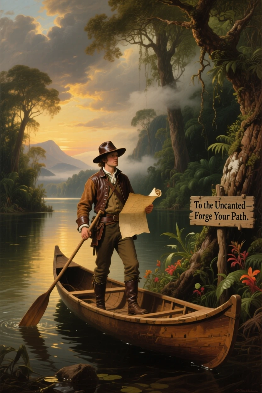 A brave scout sails toward an uncharted jungle river with the promise of discovery ahead.