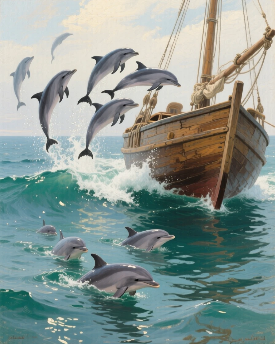A school of dolphins leaping playfully alongside a boat's wake, as the rest of its family group remains close by, offering a striking, emotionally resonant wildlife portrait