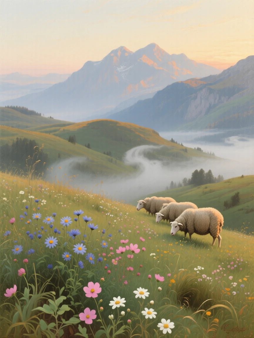 A quiet alpine meadow scattered with wildflowers and grazing sheep glowing under the last light of a fading afternoon, set far from any signs of human presence, with mist curling low along the ground in the cool morning air; layered depth separates near, middle, and far distance beautifully, filled with calm, restorative beauty.