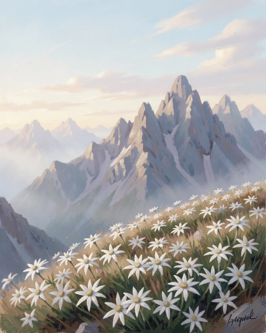 A high mountain plateau covered in wild edelweiss, jagged peaks rising sharply behind.