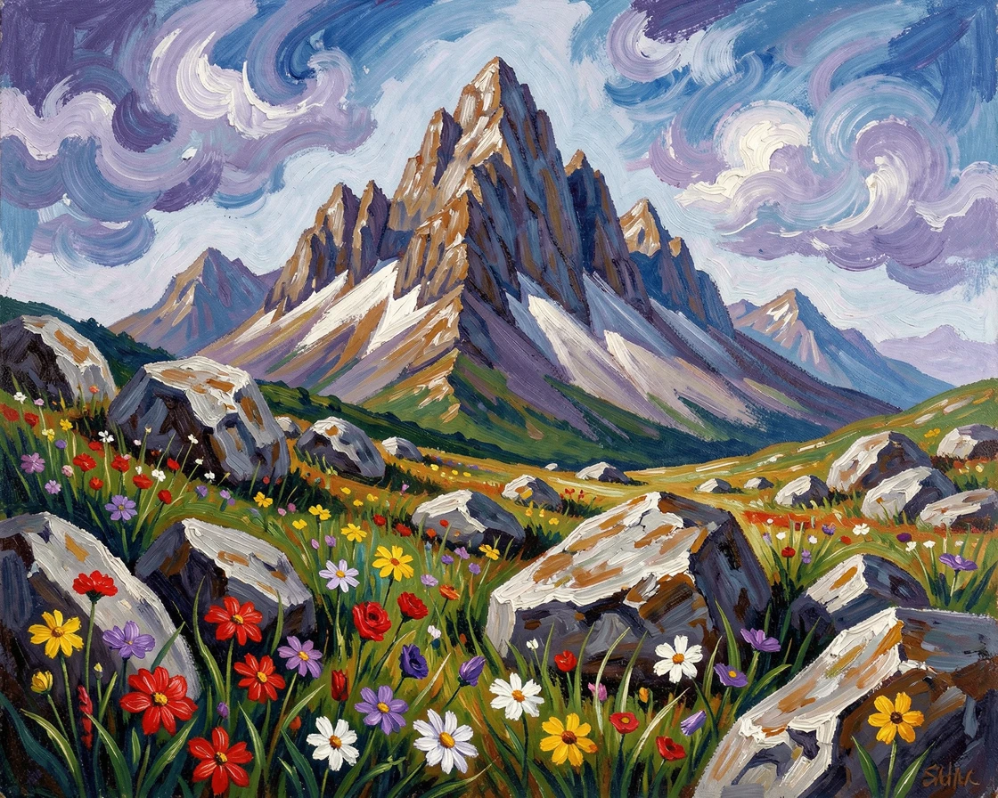 A mountain meadow scattered with boulders and wildflowers beneath a jagged peak.
