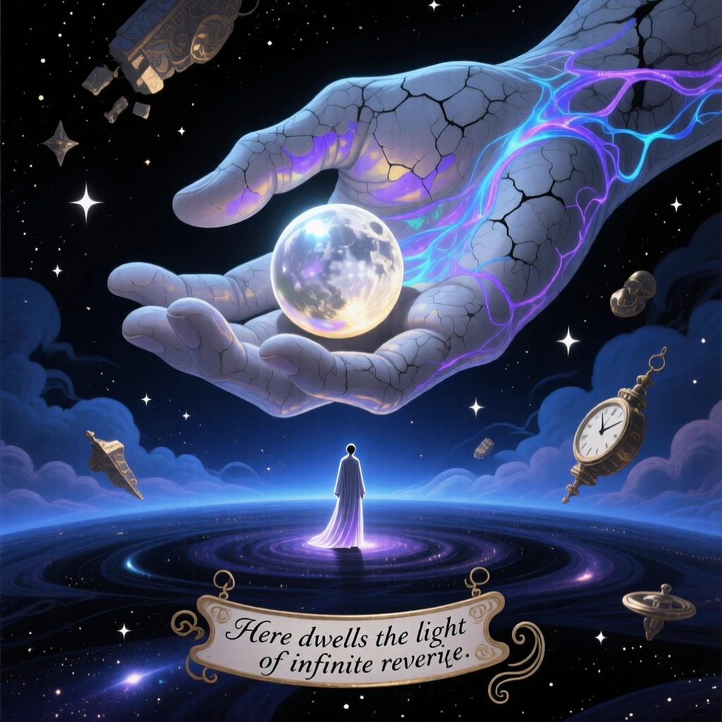 A moon-sized pearl resting quietly in the palm of a giant hand illuminates a single figure standing in awe beneath it, while the entire scene shimmers with quiet, cosmic stillness.