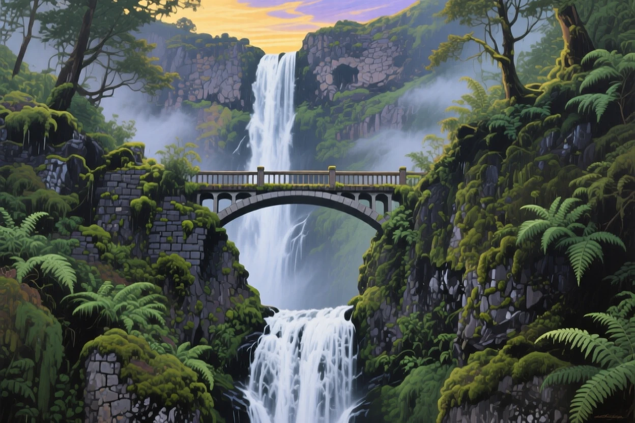 Multnomah Falls plunges past a stone footbridge in the Columbia River Gorge, ferns and moss covering the cliff face, mist drifting gently over the wooden railing, subtle color shifts across the sky suggesting the slow passage of time within the scene.