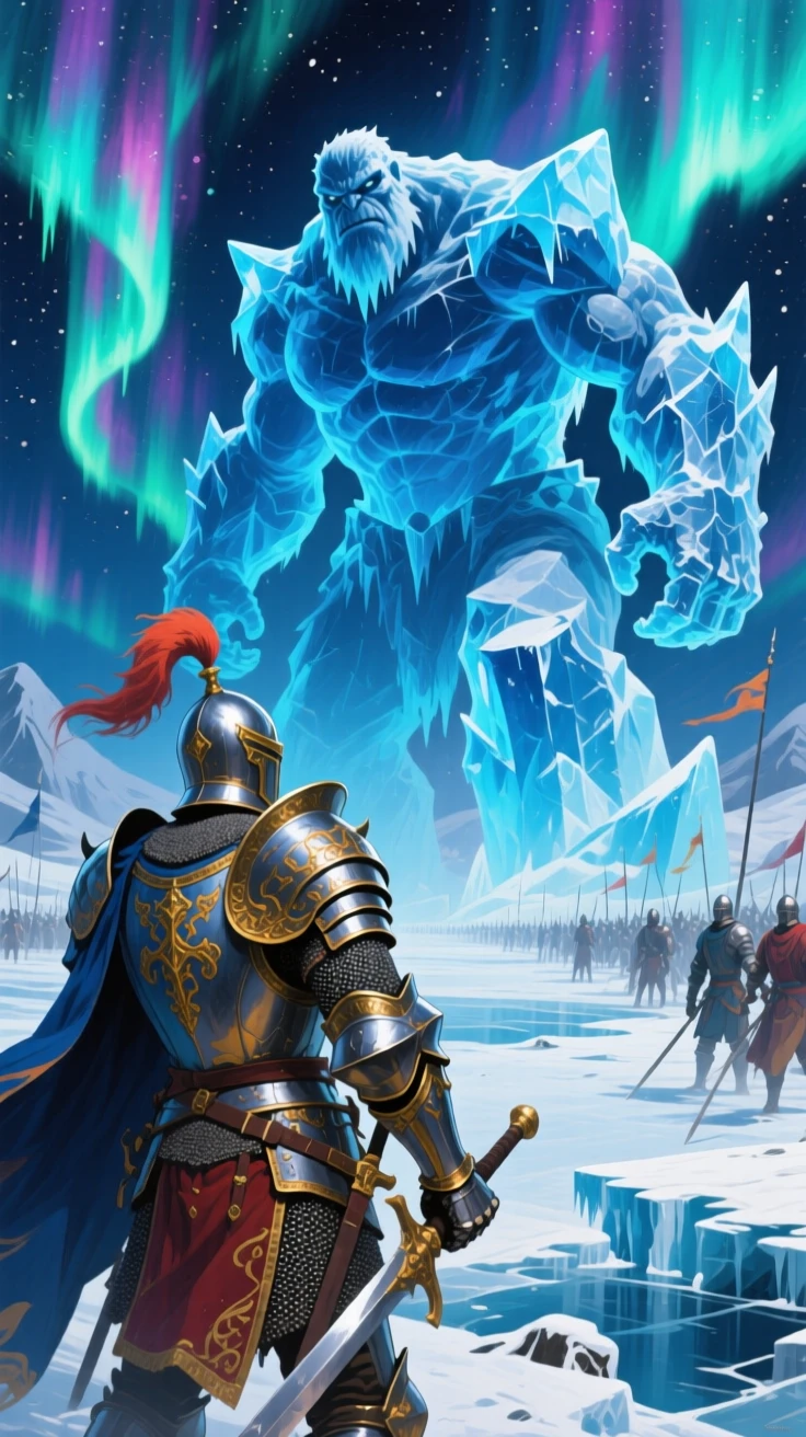 A knight in ornate armor facing a towering ice giant on a frozen battlefield beneath the northern lights