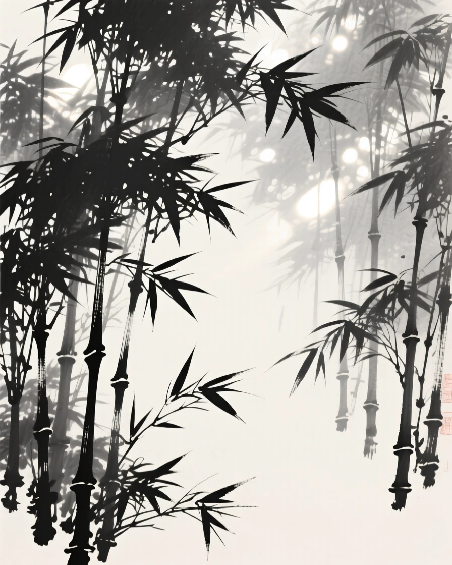 a dense bamboo grove swaying in the wind, with sunlight filtering through the canopy.