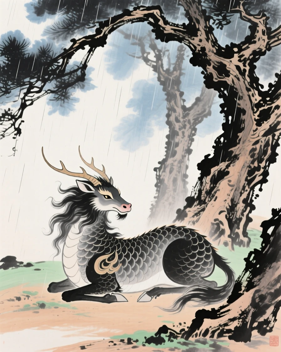 A mythical qilin resting beneath a grove of ancient sacred trees, filled with tranquil stillness, through a curtain of fine rain.