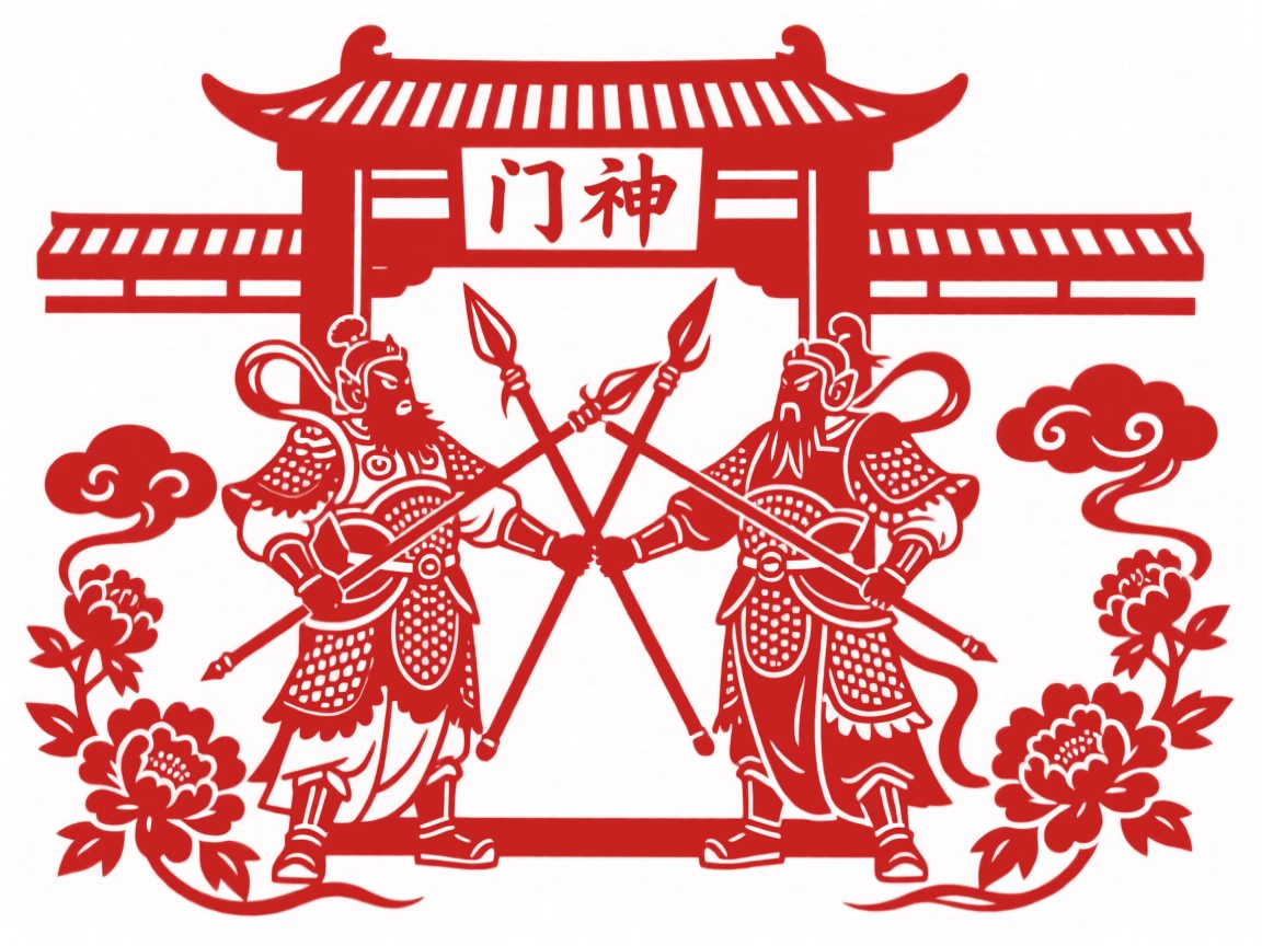 The Door Gods Qin Shubao and Yuchi Gong standing guard in full armor, spears crossed before a temple gate