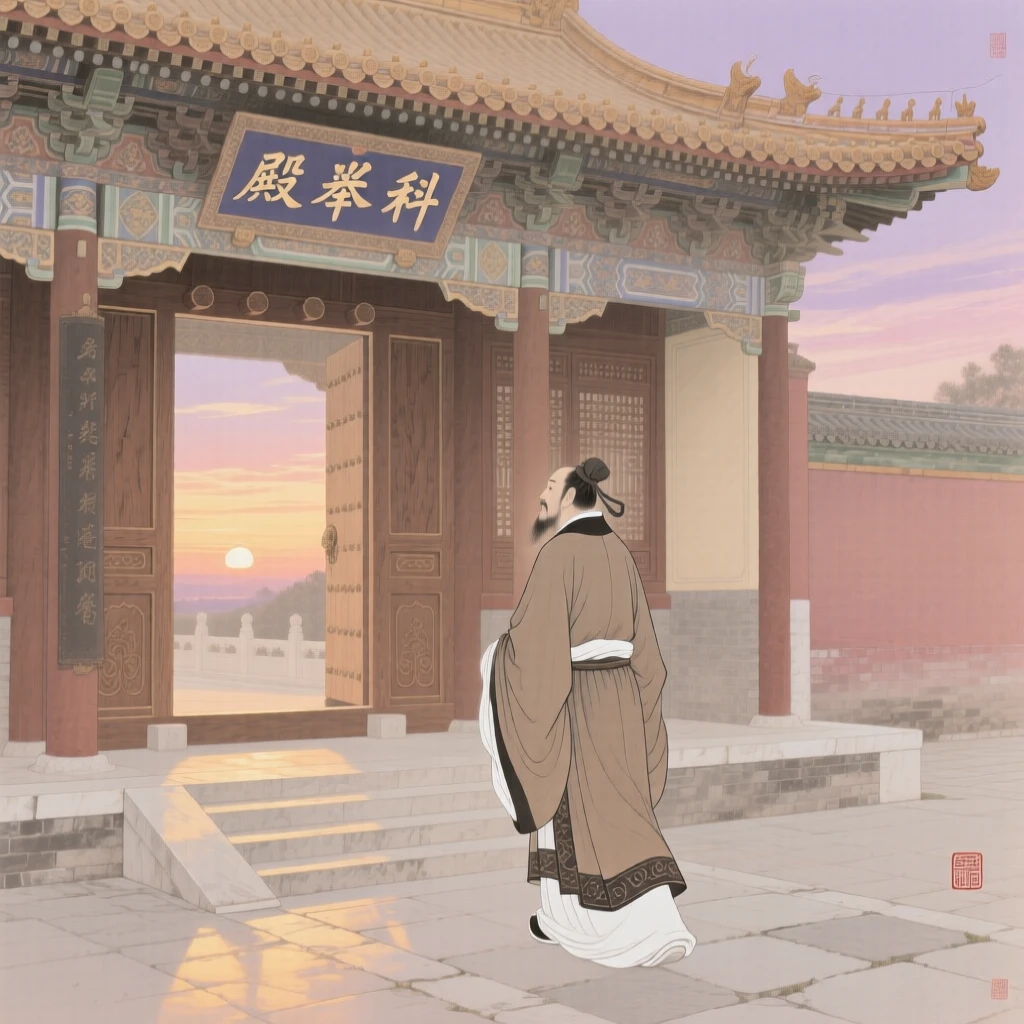 An ancient scholar arriving at an imperial examination hall at dawn, as the last light of day fades over the horizon