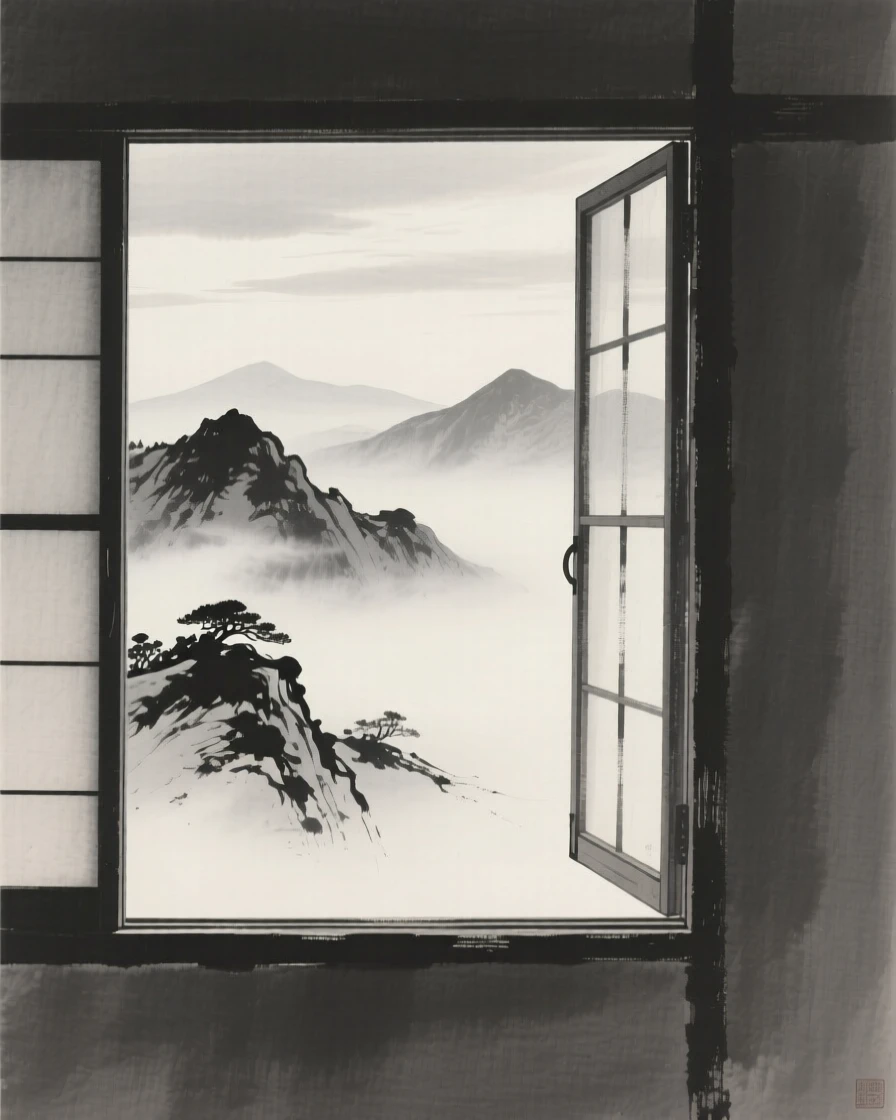 A solitary window open to a misty mountain view beneath a soft, overcast sky, composed with vast open space to emphasize solitude, conveying a poetic sense of calm and reflection.