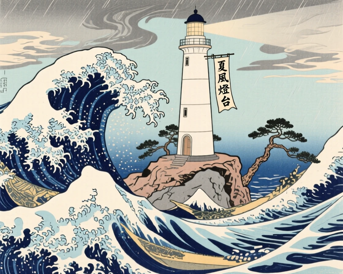 A lighthouse on a stony point beneath towering ocean waves, during a summer storm.
