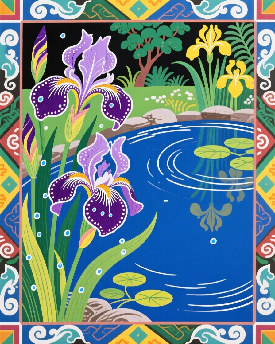 A close view of irises beside a garden pond with dew still clinging to the petals.