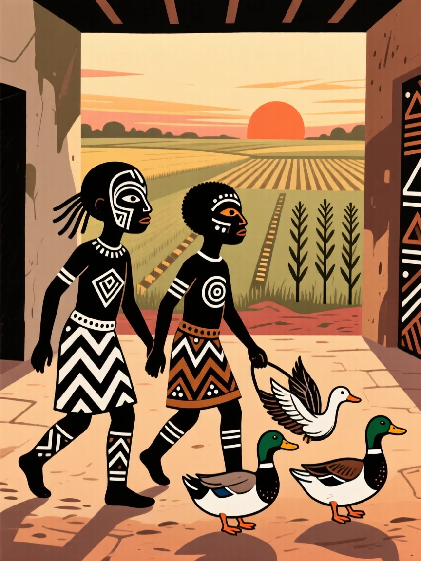 Children herding ducks across a courtyard as the sun rises over the fields.