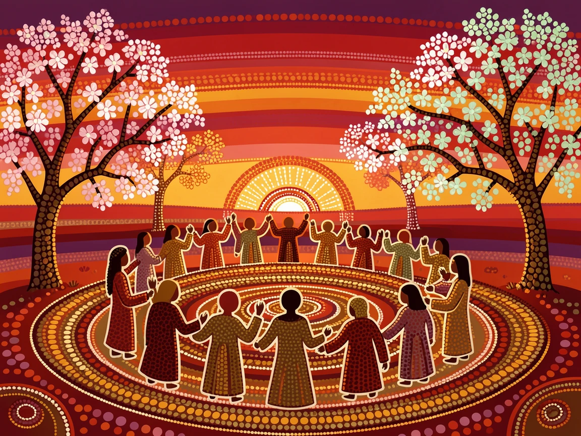 A group celebrating a spring blossom festival at sunset