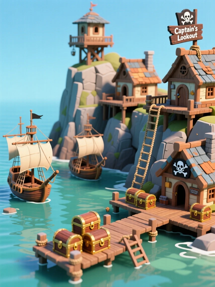 A pirate cove village built into a rocky cliffside, with ships anchored in a hidden lagoon, treasure chests stacked on the docks, and rope ladders leading to lookout towers.