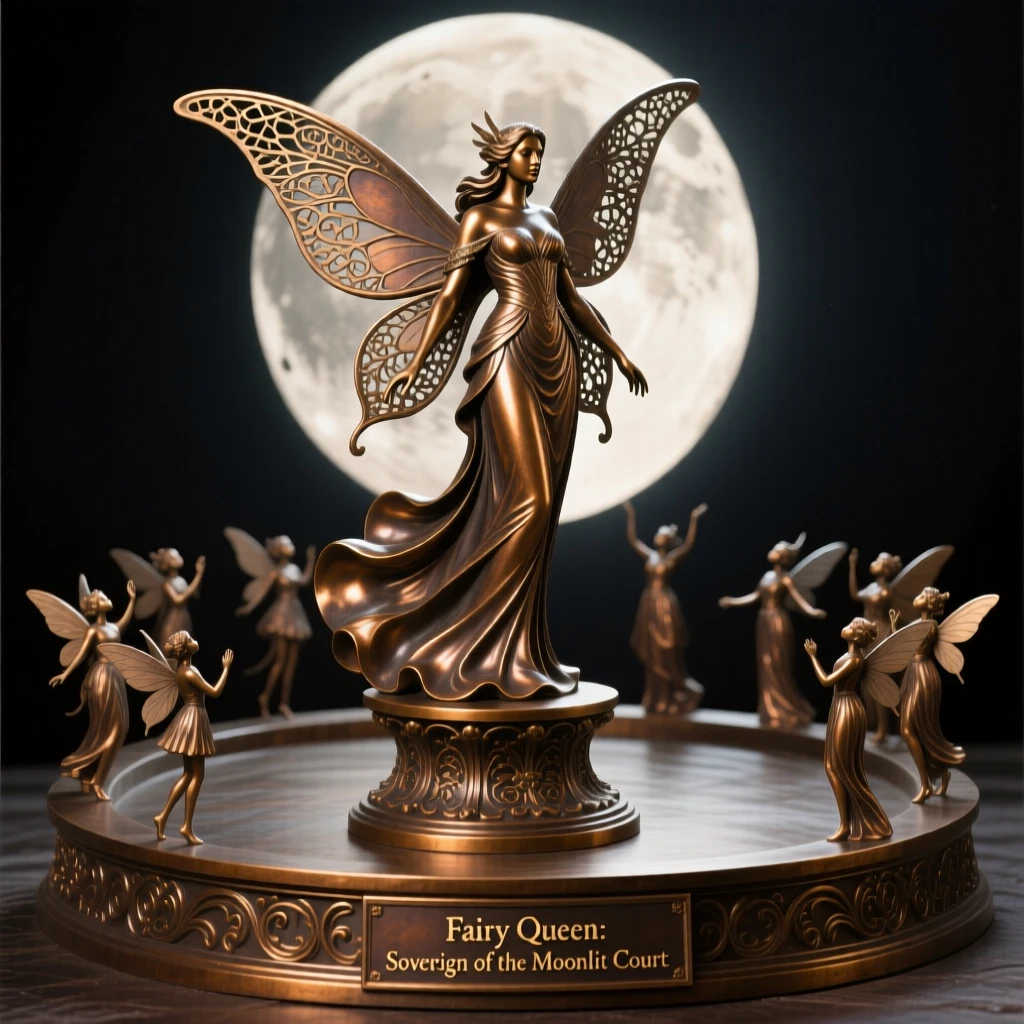 A fairy queen presiding over a moonlit court, rendered with dramatic, sweeping composition, radiating awe and grandeur