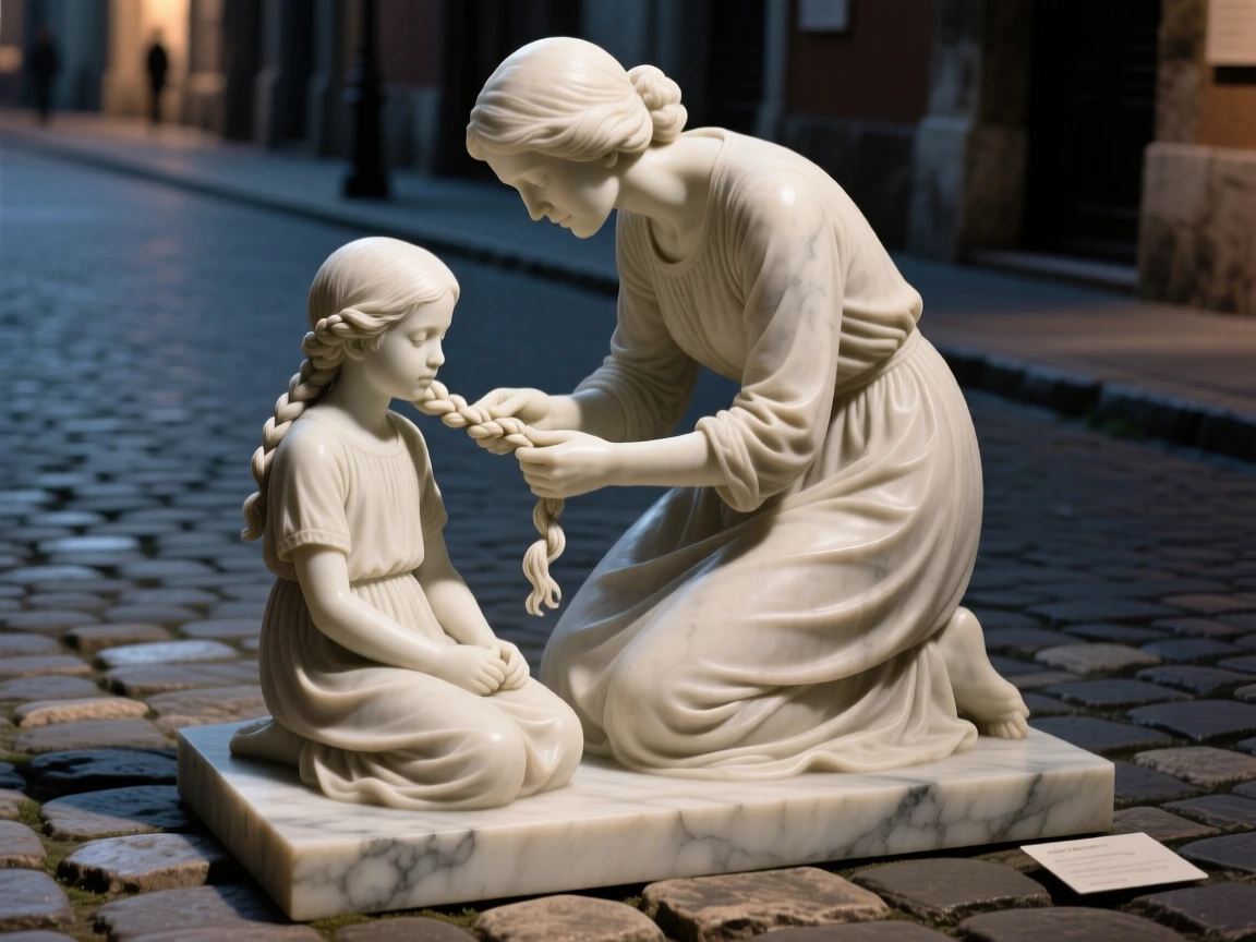 A tender portrait of a mother braiding her daughter's hair, kneeling with head bowed in gratitude, on a quiet cobblestone street at dusk, evoking warmth and humanity
