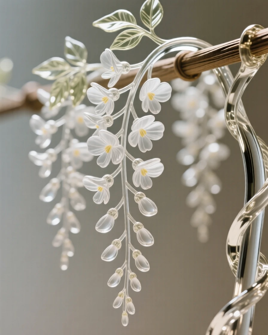 A macro close-up of wisteria cascading from a trellis, every delicate detail in sharp focus, muted background, conveying delicate beauty and serenity.