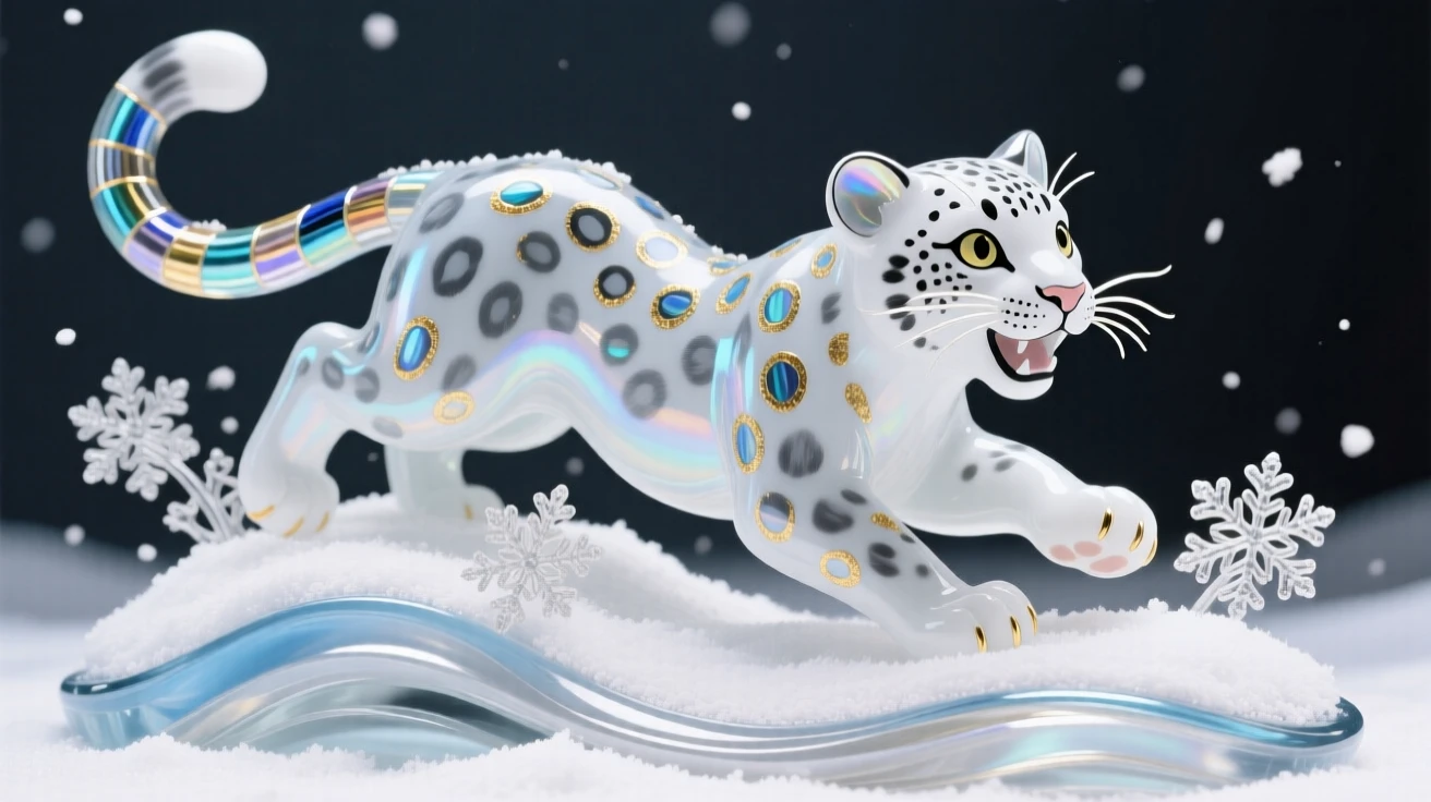 A snow leopard cub pouncing playfully in fresh powder snow, joyful and endearing.