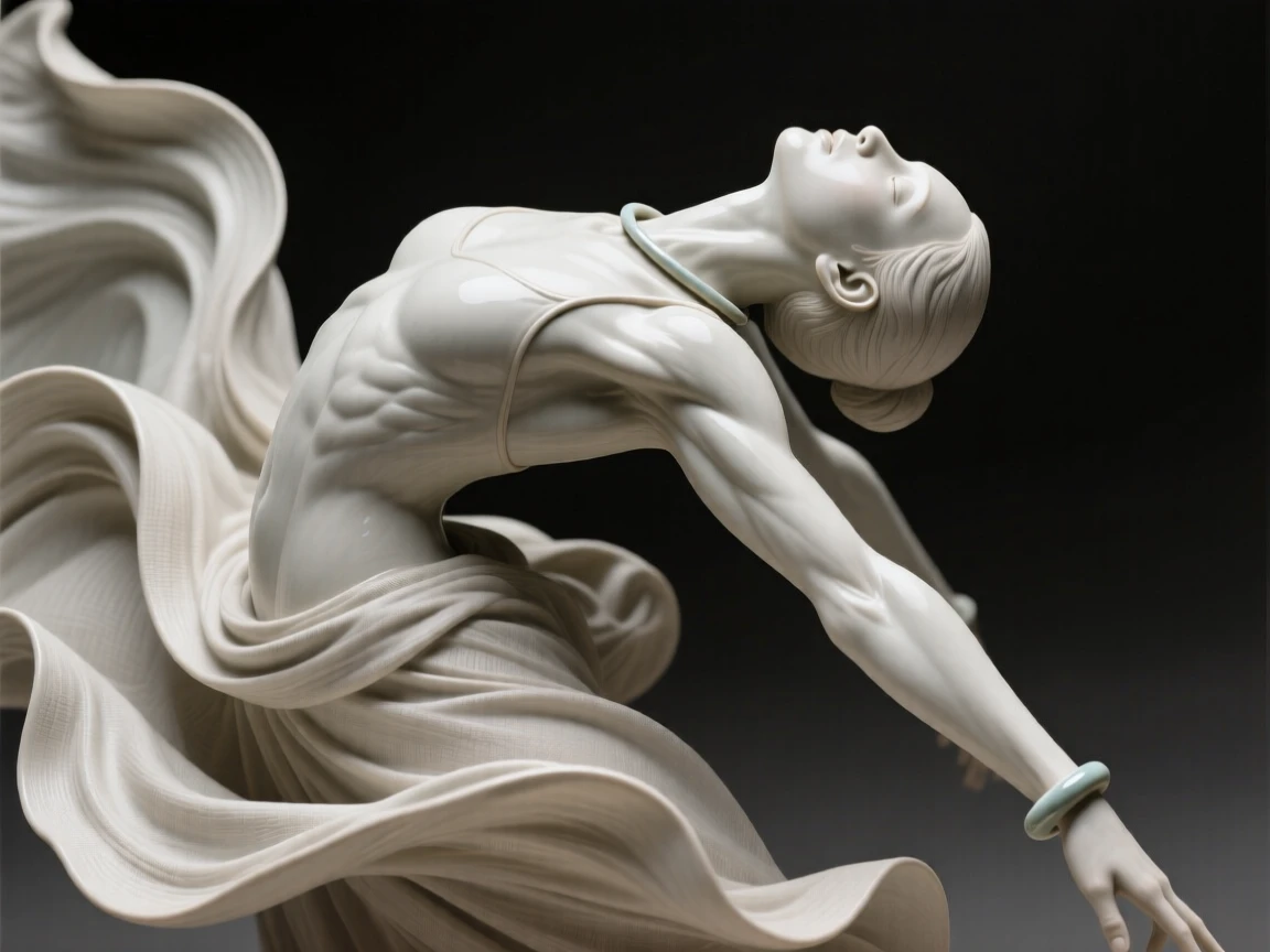 A dancer frozen in a dramatic backbend frozen mid-motion with fabric swirling around them, adorned with simple, elegant ornamentation, evoking tenderness and quiet intimacy.