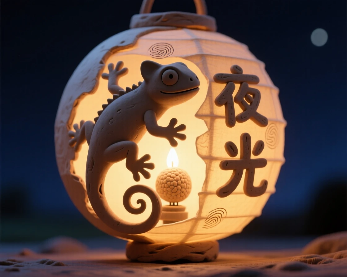 A gecko silhouette on a glowing paper lantern at night