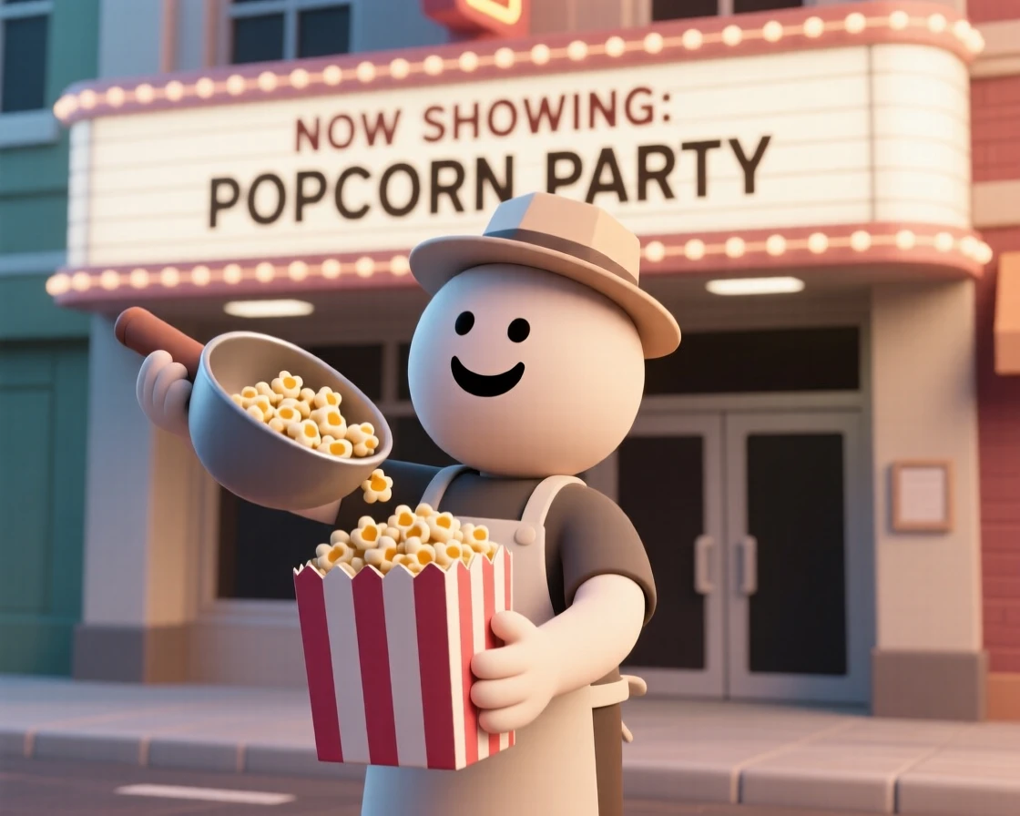 A cheerful popcorn vendor scoops buttery kernels into striped paper bags outside a glowing movie theater marquee.