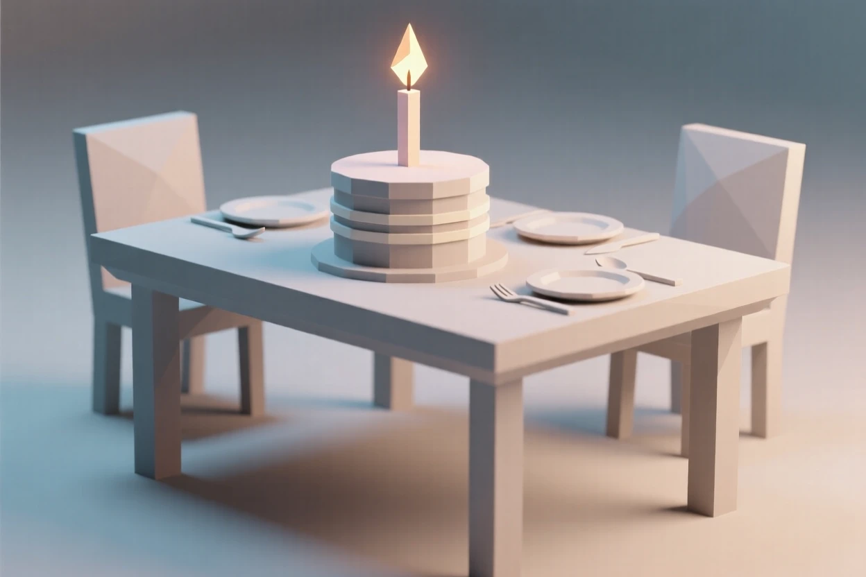 A birthday celebration table with a glowing candle-lit cake, as the last light of evening fades. rich seasonal colors bring the scene to life. The scene feels warm and celebratory.