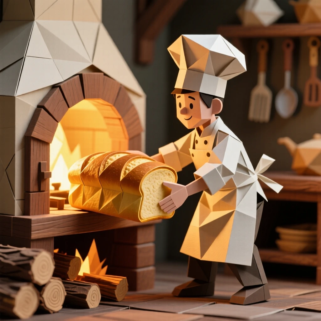 A baker character pulling a golden loaf of bread from a wood-fired oven, warm light spilling out.