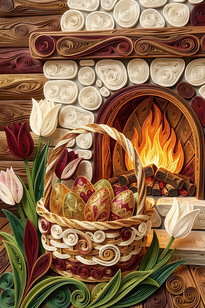 a springtime Easter basket nestled among tulips, beside a crackling fireplace in a rustic cabin, composed with a cozy, inviting central focal point, in a festive palette of gold, ivory, and deep crimson.