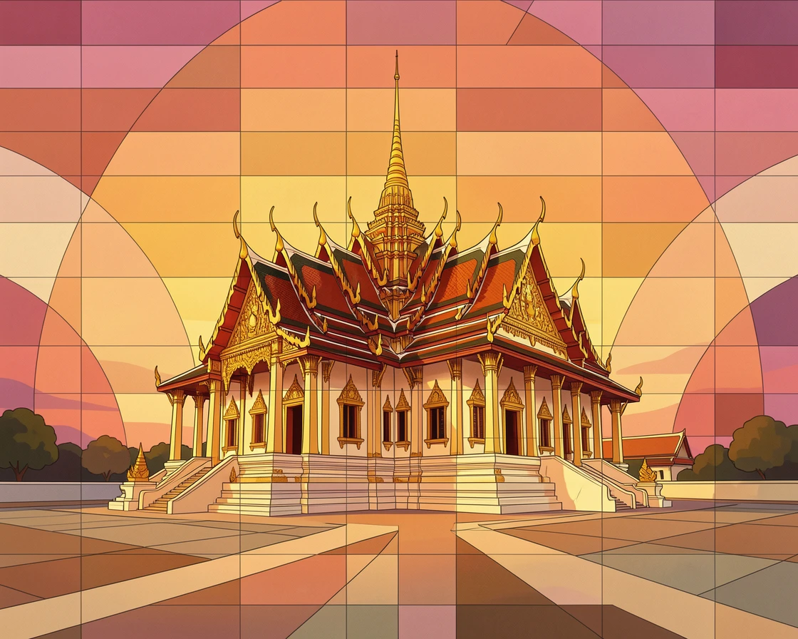 A breathtaking wide-angle view of a traditional Thai temple with golden spires at sunset, with rich warm lighting and fine architectural detail.