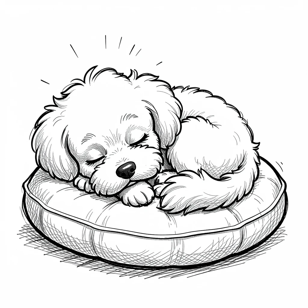 A tiny teacup poodle curled up asleep on a soft cushion.