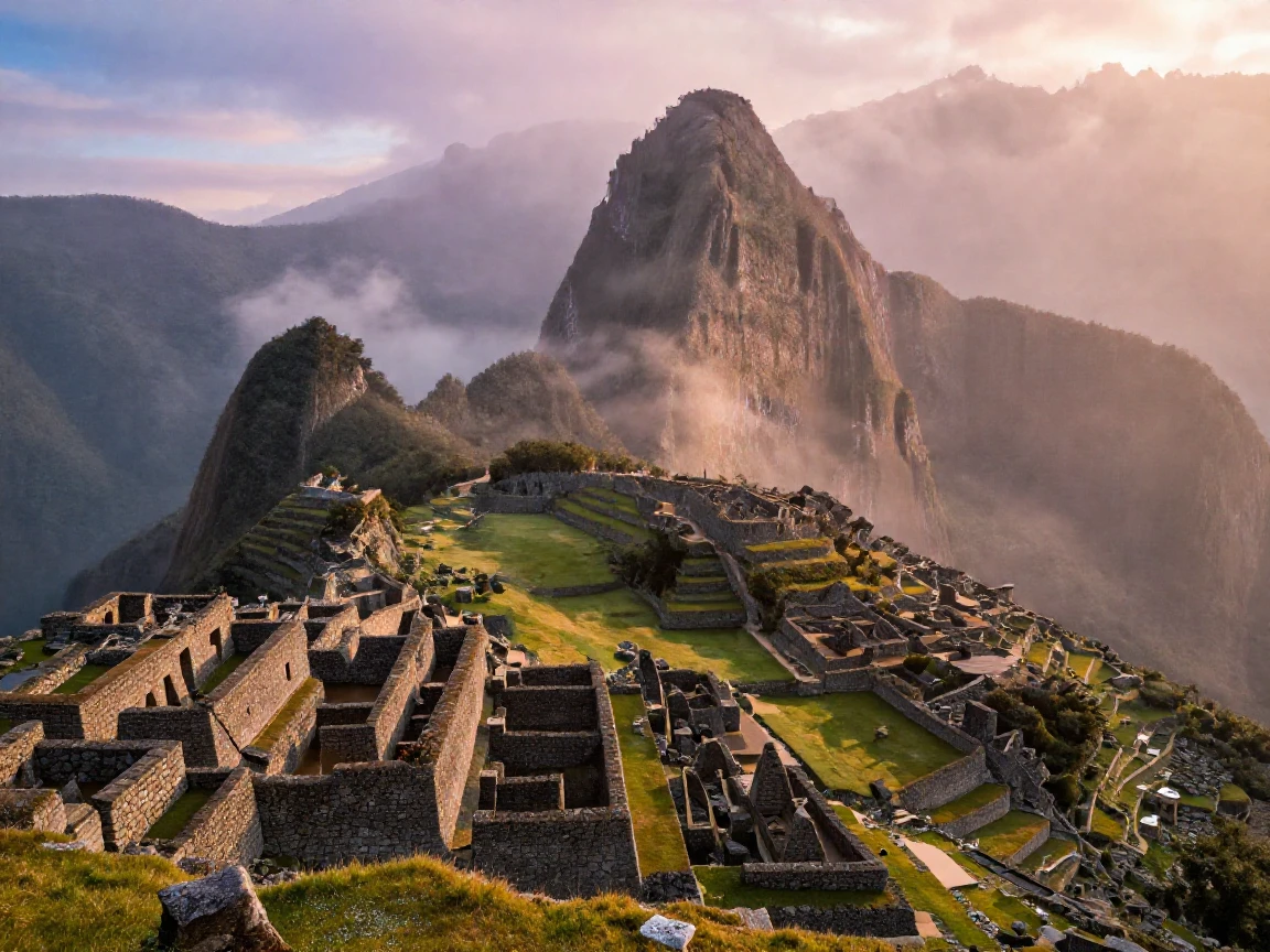 Machu Picchu ruins wrapped in morning fog