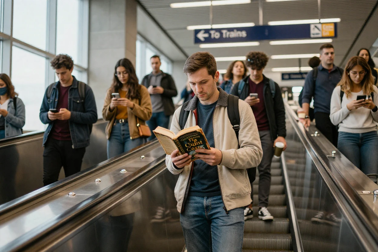 A commuter reads a paperback novel while riding an escalator in a busy station.