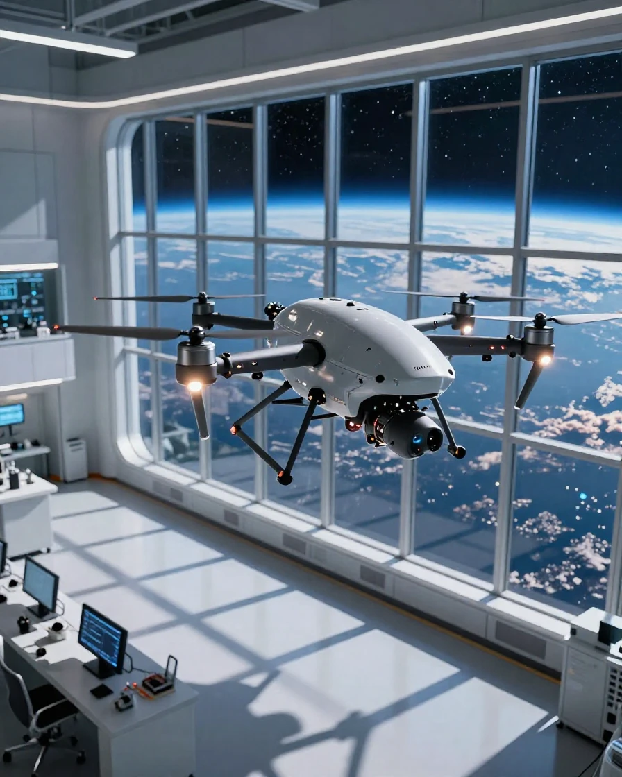 A fleet of drones testing new technology in a sterile lab above the curve of the Earth