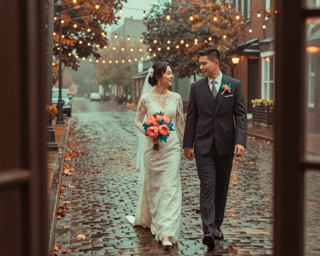Two newlyweds walking hand in hand along a rain-slicked cobblestone street, under strings of warm string lights, as mist rises off the ground, in the mild days of early autumn, in vivid coral and turquoise hues, viewed from across the room.