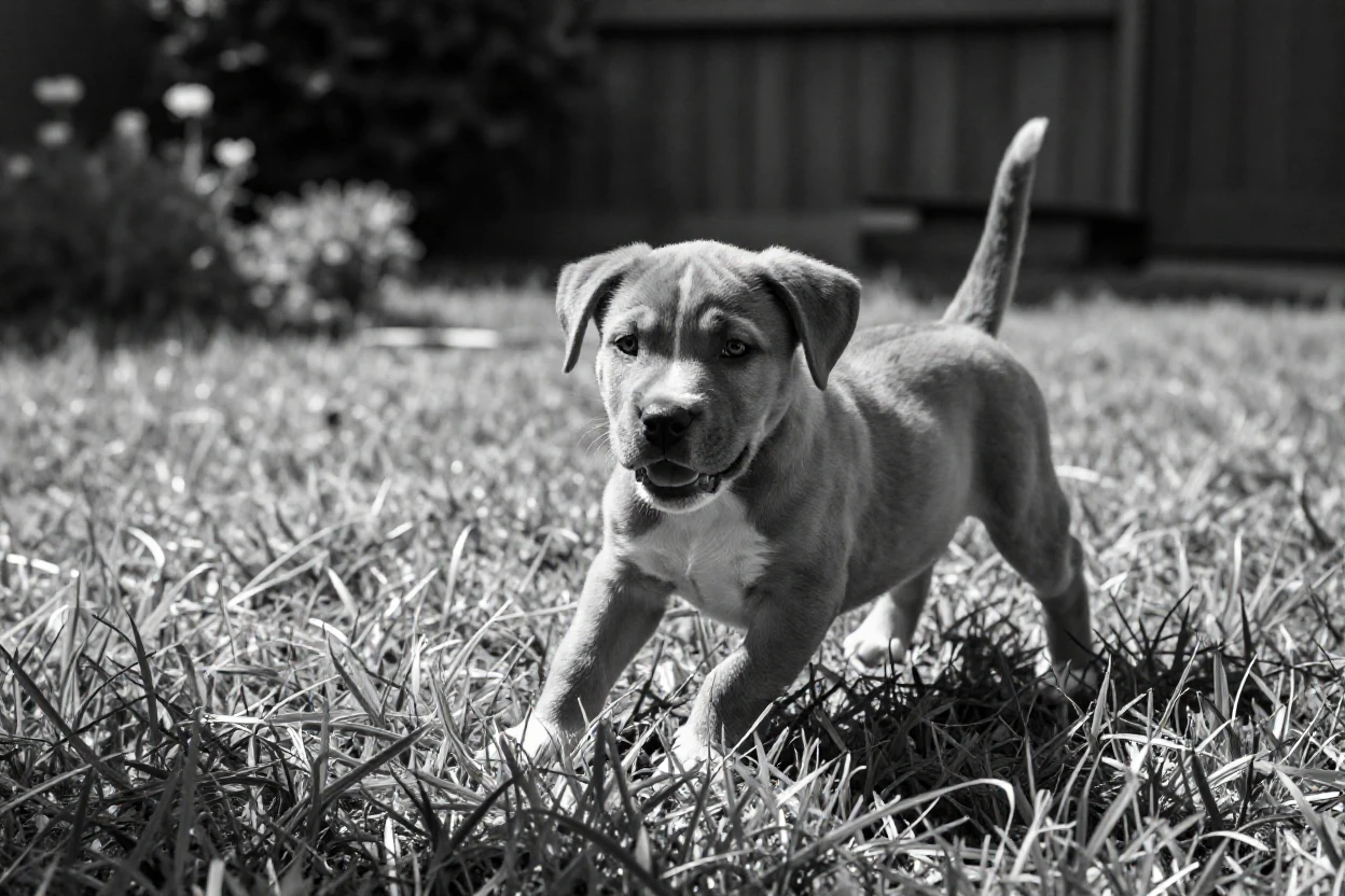 A puppy tumbles over its own paws in the grass on a sunny backyard lawn.