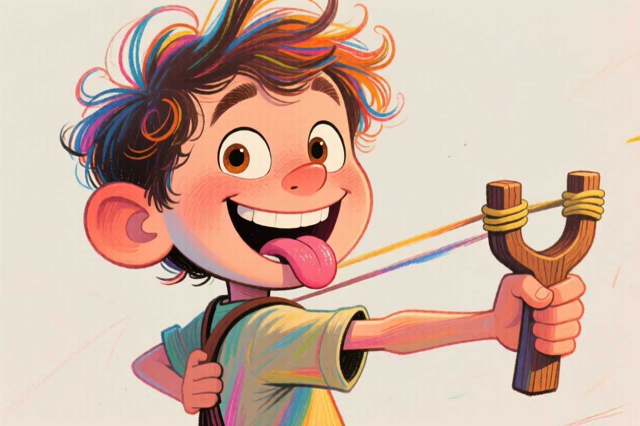 A cheeky little boy sticking his tongue out while holding a slingshot behind his back.