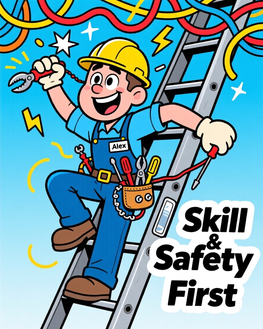 A vibrant profession-themed portrait of a skilled electrician balancing on a ladder, tool belt jingling, wires sparking playfully overhead.