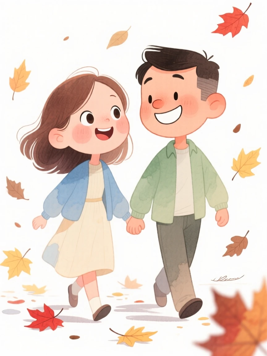 A couple celebrating their anniversary holding hands while walking through falling autumn leaves