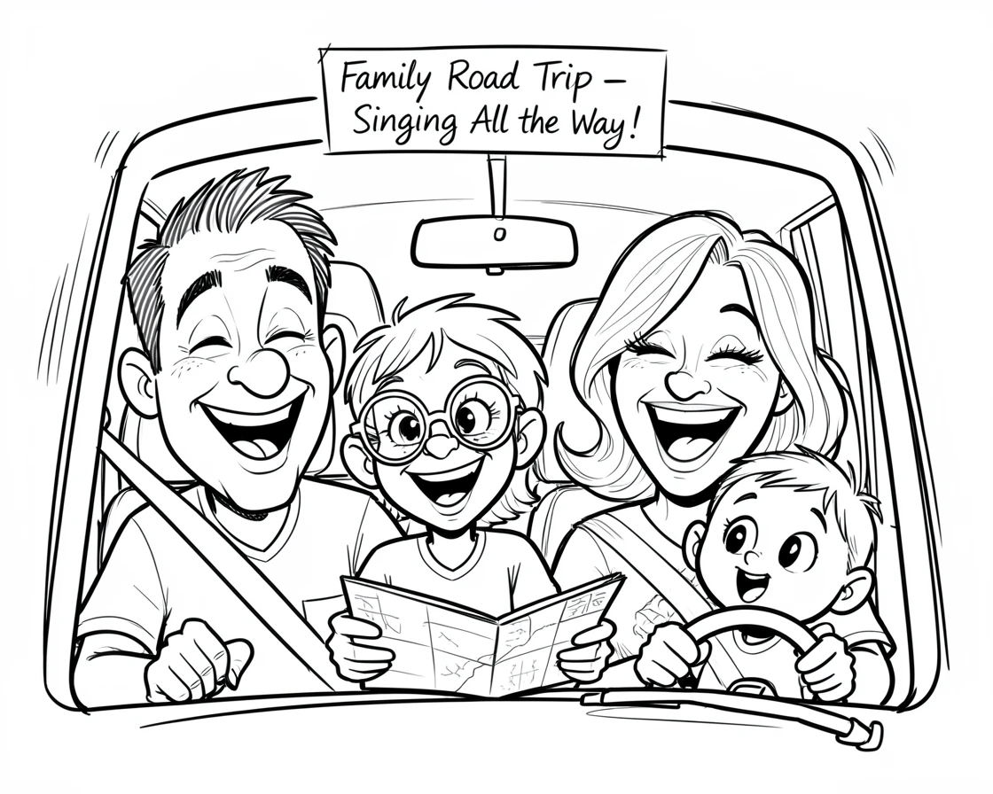 [Family & Relationship Moments] Heartwarming scene of a family road trip with everyone singing along in a packed car, radiating love and warmth