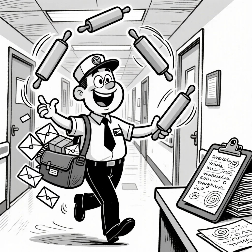 A friendly mail carrier with an overstuffed satchel, juggling three rolling pins at once, set in a hospital hallway lit by flickering fluorescent lights. A clipboard full of illegible notes rests nearby. It feels like a warm nod to the people who keep the world running.