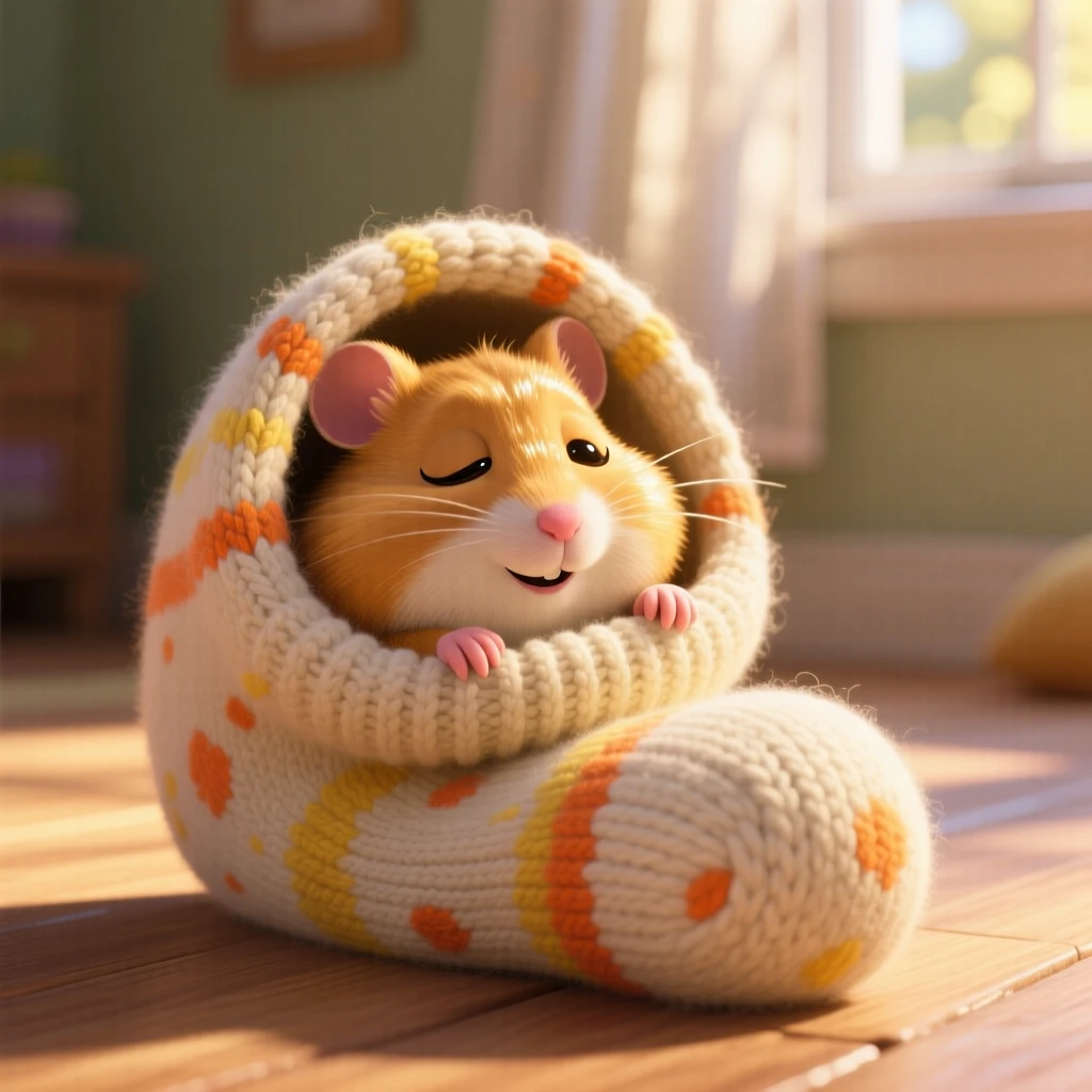 A golden hamster is snuggled inside a woolly sock, blinking sleepily at the camera. Innocent curiosity shines through the moment, with a faint smile-like expression.