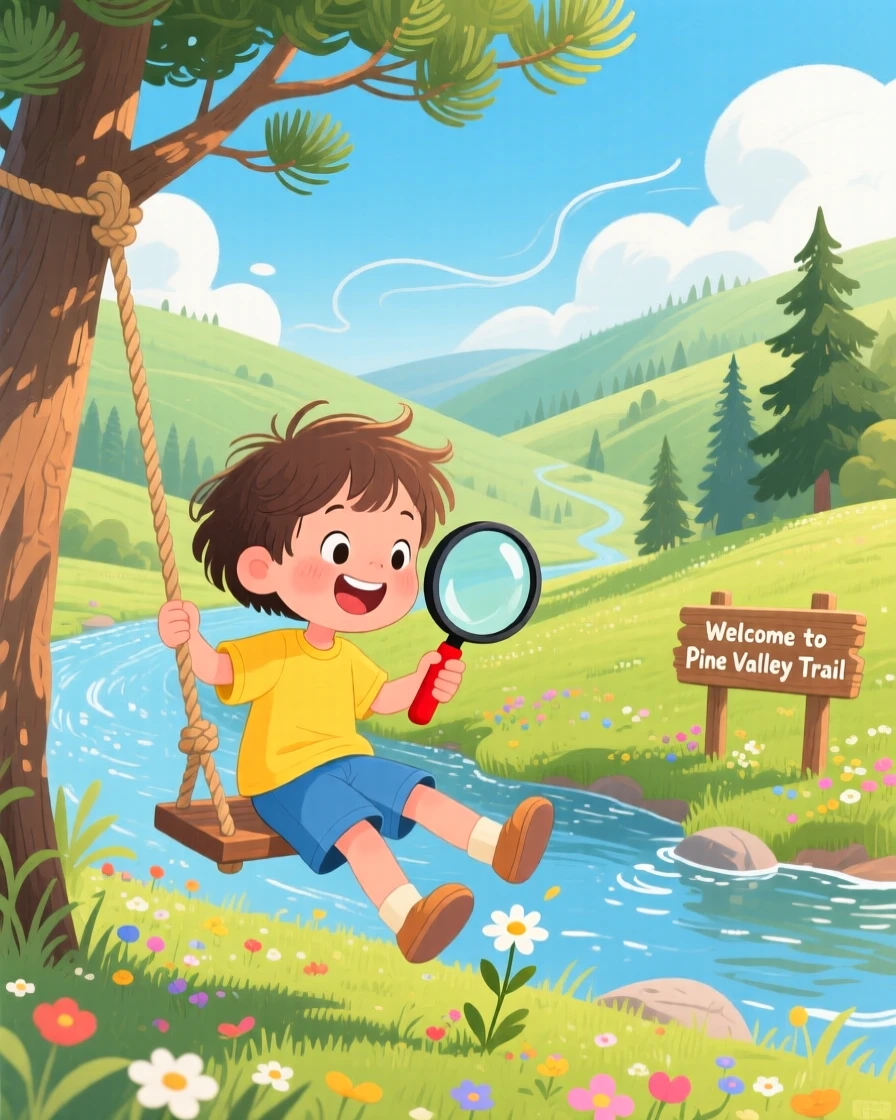 A child with a magnifying glass spends the day following a river downstream on a rope swing through a rolling green valley, with the scent of pine drifting on the wind.