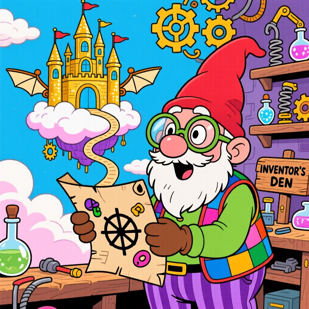 A gnome inventor finding a map that leads to a floating castle.