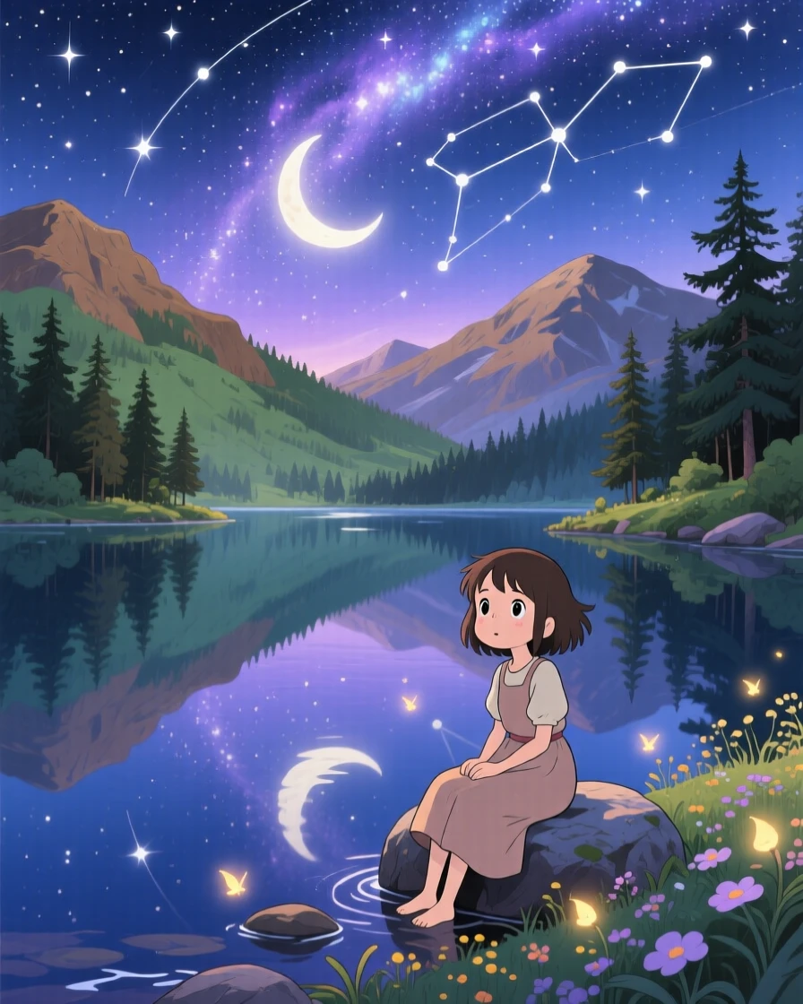 A stunning view of a starry night sky arching over a silent mountain lake, reflected perfectly on a mirror-still surface below.